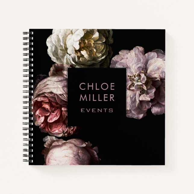 Modern Dark Black Vintage Floral Spiral Notebook (Front)