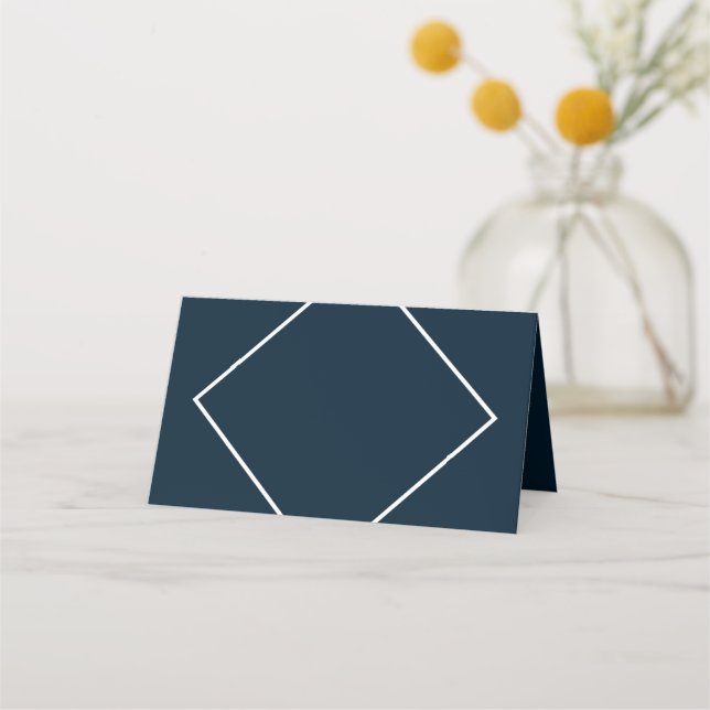 Modern Dark Blue and White Borders Geometric Place Card (Front)