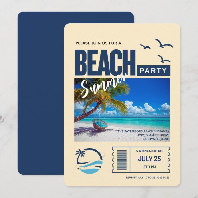 Modern Dark Blue Beach Party Invitation (Front/Back)