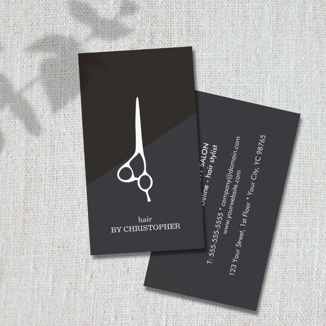 Modern Dark Blue Black White Scissor Hair Stylist Business Card (Creator Uploaded)