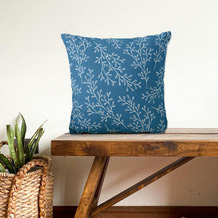 Modern Dark Blue Botanical Pattern Throw Pillow