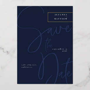 Modern Dark Blue Calligraphy Save the Date Wedding