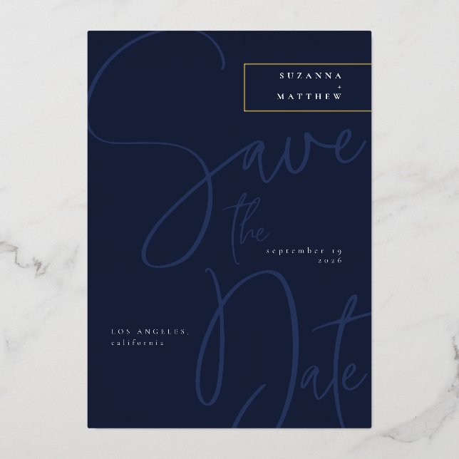 Modern Dark Blue Calligraphy Save the Date Wedding (Front)