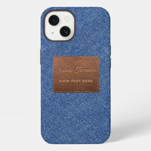 Modern Dark Blue Denim Jeans Texture Leather Patch iPhone Case (Back)