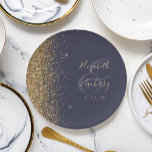 Modern Dark Blue Gold Glitter Edge Wedding Paper Plate<br><div class="desc">The left-hand edge of these elegant modern wedding paper plates features a gold faux glitter design. Personalize them with the names of the bride and groom in pale gold-coloured handwriting script over a large ampersand on a dark blue background,  with the wedding date below.</div>