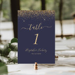 Modern Dark Blue Gold Glitter Edge Wedding Table Number<br><div class="desc">The top edge of this elegant modern wedding table number features a gold faux glitter design. The customizable text combines pale gold-coloured handwriting,  copperplate and italic fonts on a dark blue background.</div>