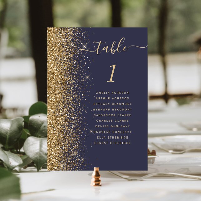 Modern Dark Blue Gold Glitter Wedding Table Number (Creator Uploaded)