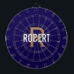 Modern dark blue gold monogram name dartboard<br><div class="desc">Modern dark blue dart board with a white name and gold monogram. Personalize with name and initial.</div>