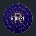 Modern dark blue gold monogram name dartboard<br><div class="desc">Modern dark blue dart board with a white name and gold monogram. Personalize with name and initial.</div>