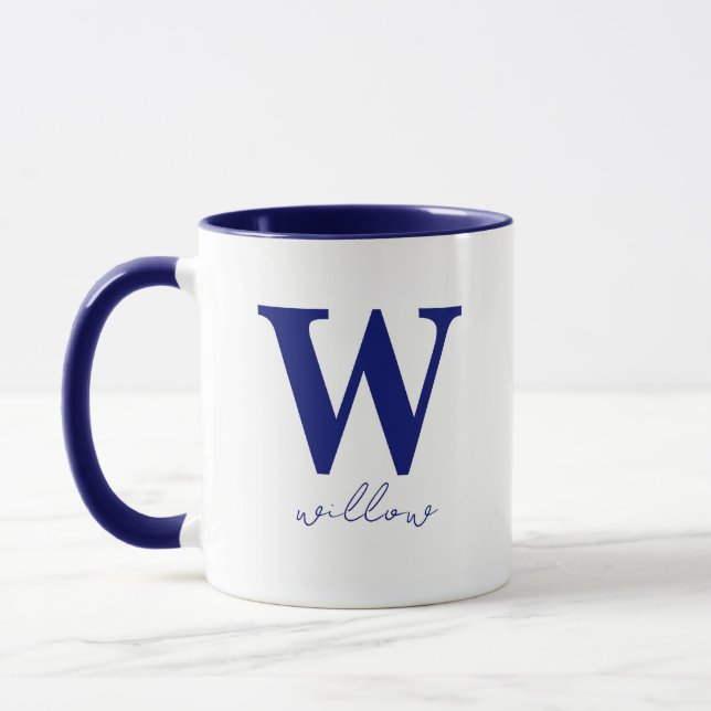 Modern Dark Blue Personalized Monogram Mug (Left)