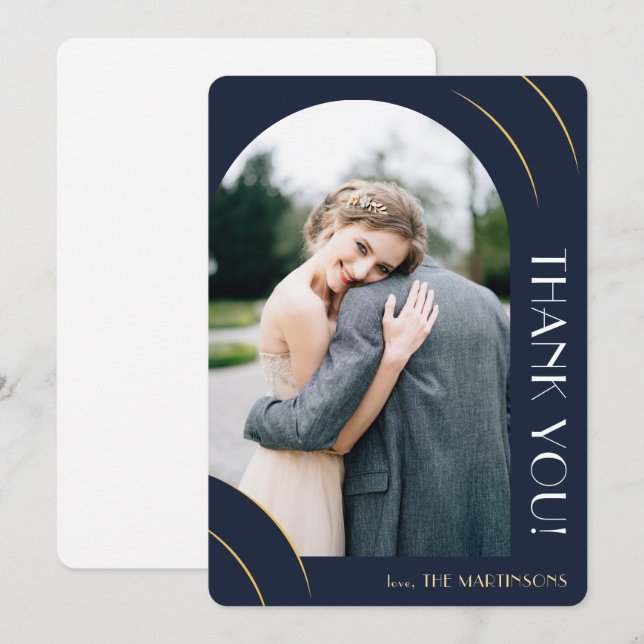 Modern Dark Blue Photo Wedding Thank You Card (Front/Back)