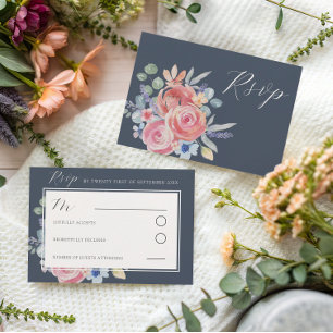 Modern Dark Blue Rose Floral Watercolor Wedding RSVP Card
