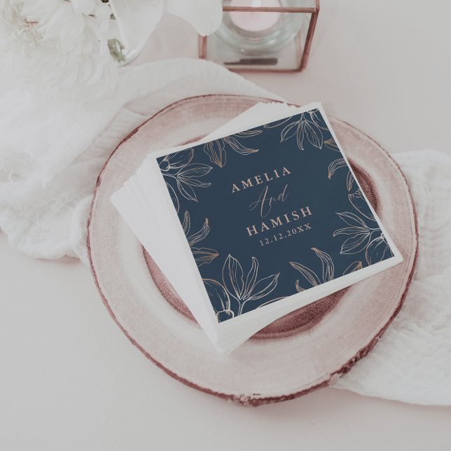 Modern Dark Blue & Rose Gold Foliage Wedding Napkin (Creator Uploaded)