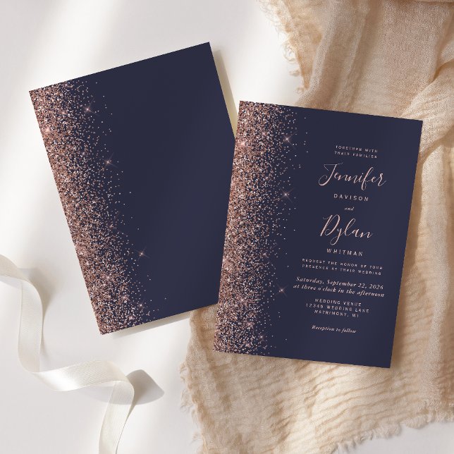Modern Dark Blue Rose Gold Glitter Edge Wedding In Invitation (Creator Uploaded)
