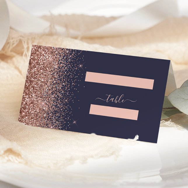 Modern Dark Blue Rose Gold Glitter Edge Wedding Place Card (Creator Uploaded)