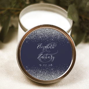 Modern Dark Blue Silver Glitter Edge Wedding Classic Round Sticker