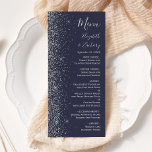 Modern Dark Blue Silver Glitter Edge Wedding Menu<br><div class="desc">The left-hand edge of this elegant modern wedding menu features a silver faux glitter design. The customizable text combines silver grey handwriting,  copperplate and italic fonts on a dark navy blue background. The reverse side features a matching dark blue and silver glitter design.</div>