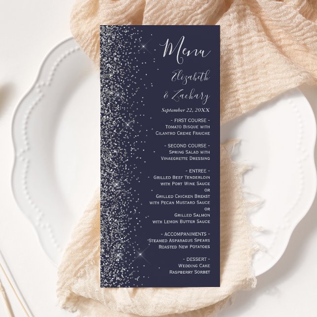 Modern Dark Blue Silver Glitter Edge Wedding Menu (Creator Uploaded)