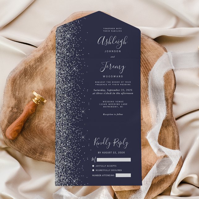Modern Dark Blue Silver Glitter Wedding All In One Invitation (Creator Uploaded)