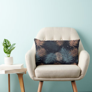 Modern Dark Blue Tropical Palm Leaves Pattern Lumbar Pillow
