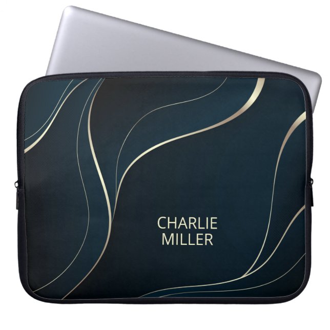 Modern Dark Blue Wave Background & Custom Name Laptop Sleeve (Front)