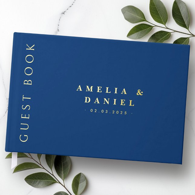 Modern dark blue wedding names and date real guest book (Modern dark blue wedding names and date real foil foil guest book)