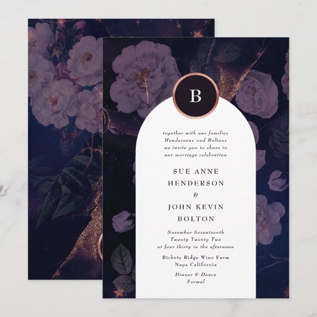 Modern Dark Boho Floral Arch Rose Gold Wedding Invitation (Front/Back)