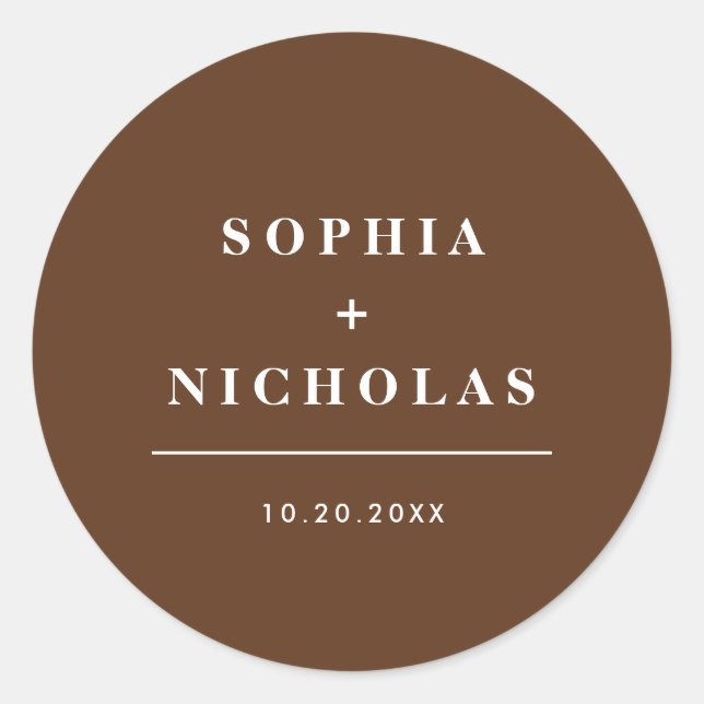 Modern Dark Brown Minimal Elegant Wedding Classic Round Sticker (Front)
