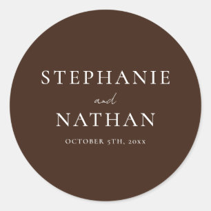 Modern Dark Brown Minimalist Wedding Classic Round Sticker