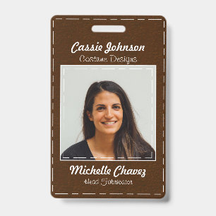 Modern Dark Brown Stitched Leather Photo Employee Badge
