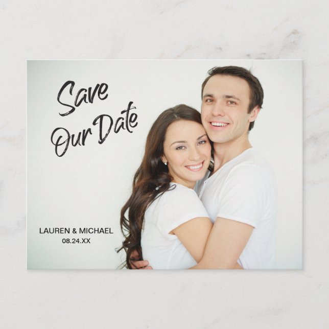 Modern Dark Brush Script Save the Date Wedding Postcard (Front)