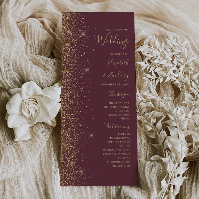 Modern Dark Burgundy Gold Glitter Wedding Program (Creator Uploaded)