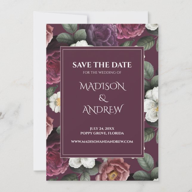 Modern Dark Burgundy Peonies Save the Date Card (Front)