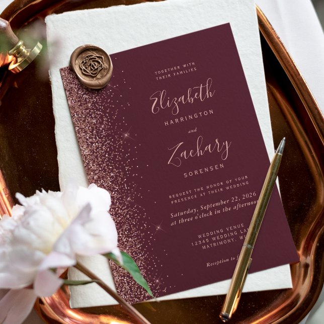 Modern Dark Burgundy Rose Gold Glitter Wedding Invitation (Creator Uploaded)