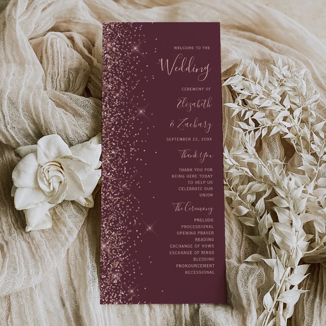 Modern Dark Burgundy Rose Gold Glitter Wedding Program (Creator Uploaded)