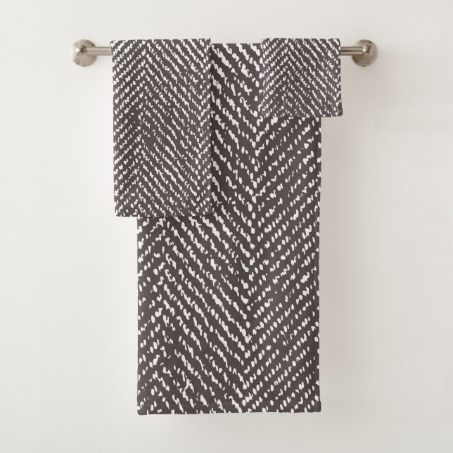 Modern Dark Coffee Brown Herringbone Bath Towel Set (Insitu)