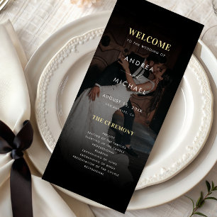 Modern Dark Faded Photo Gold & Black Wedding Program