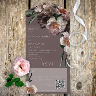 Modern Dark Flower Blossoms Brown QR Code All In One Invitation