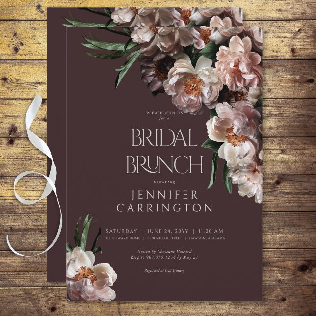 Modern Dark Flower Blossoms Burgundy Bridal Brunch Invitation (Modern Dark Flower Blossoms Black Bridal Brunch Invitation)