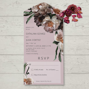 Modern Dark Flower Blossoms Soft Pink No Dinner All In One Invitation