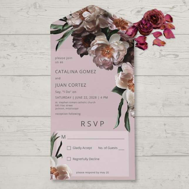 Modern Dark Flower Blossoms Soft Pink No Dinner All In One Invitation (Also available with a QR code or with dinner selection options.)