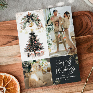 Modern Dark Gold Black Bow Happy Holidays 2 Photo Holiday Card