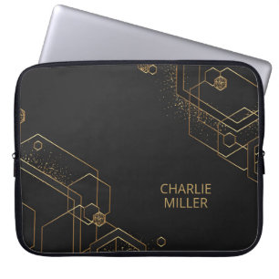 Modern Dark-Gold Geometric Pattern & Custom Name Laptop Sleeve