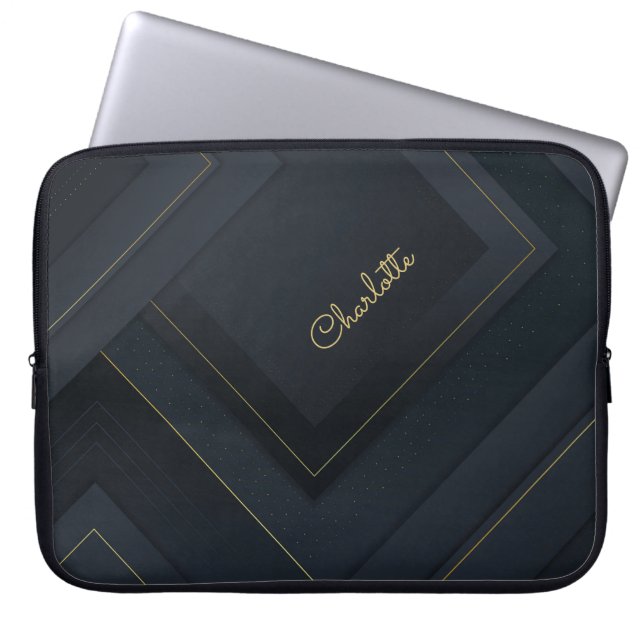 Modern Dark-Gold Halftone Pattern and Custom Name Laptop Sleeve (Front)