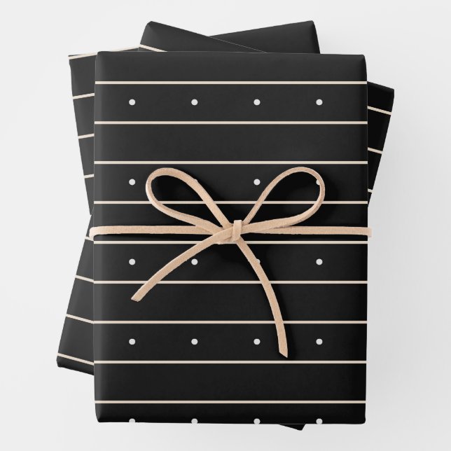 Modern Dark Gothic Pinstripe Lines And Polka Dots  Wrapping Paper Sheet (In situ)