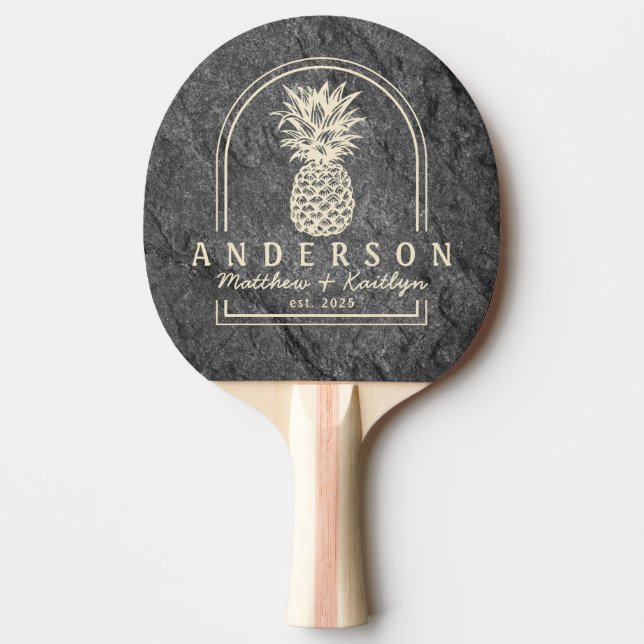 Modern Dark Granite Pineapple Wedding Arch & Name Ping Pong Paddle (Front)