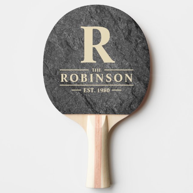 Modern Dark Granite Stone Family Name & Initial Ping Pong Paddle (Front)