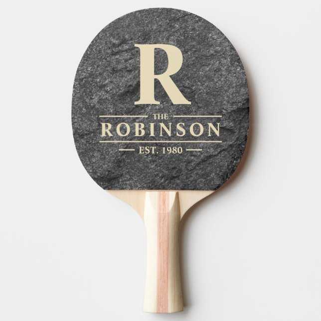 Modern Dark Granite Stone Family Name & Initial Ping Pong Paddle (Front)