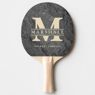Modern Dark Granite Stone Monogram & Name Overlay Ping Pong Paddle