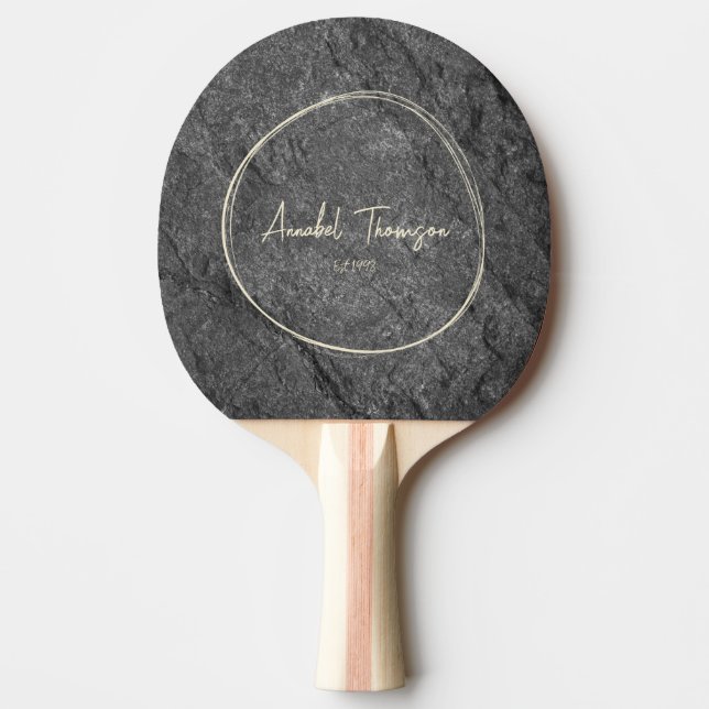 Modern Dark Granite Stone Name in Drawn Circle  Ping Pong Paddle (Front)